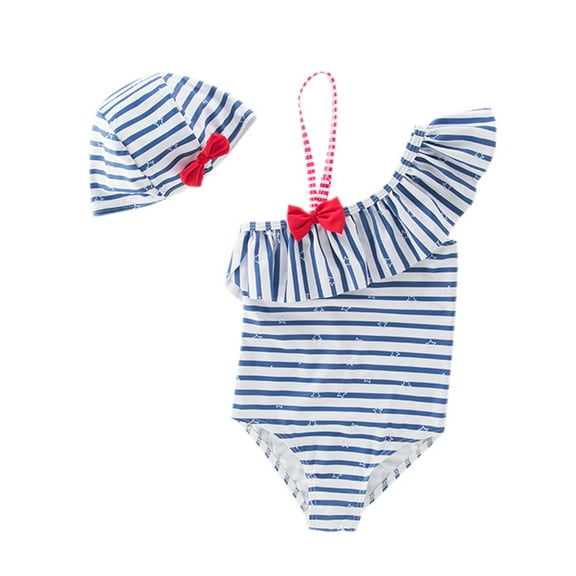 Little Girls Striped Ruffle One Shoulder One-Piece Swimsuit With Hat 2 Pcs Set (3T, Blue)