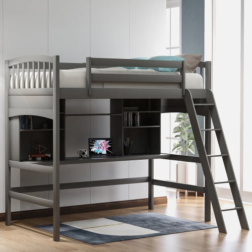 Twin Size Loft Bed With Storage Shelves, Twin Bunk Bed With Desk Under