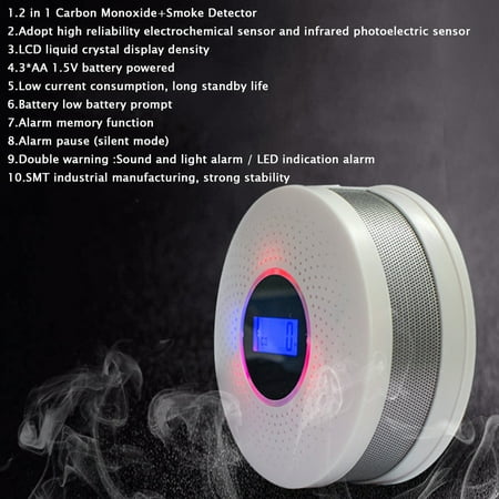 2 in 1 SMT Carbon Monoxide and Smoke Alarm Smoke Fire Gas Sensor Alarm CO Carbon Monoxide Detector Sound Combo Sensor Tester Battery Operated with Digital Display for CO (Best Place To Put Co Detector)