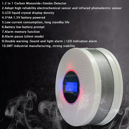 Carbon Monoxide Gas Alarm 2 in 1 SMT Carbon Monoxide and Smoke Alarm Smoke Fire Gas Sensor Alarm CO Carbon Monoxide Detector Sound Combo Sensor Tester Battery Operated with Digital Display for CO Level ()