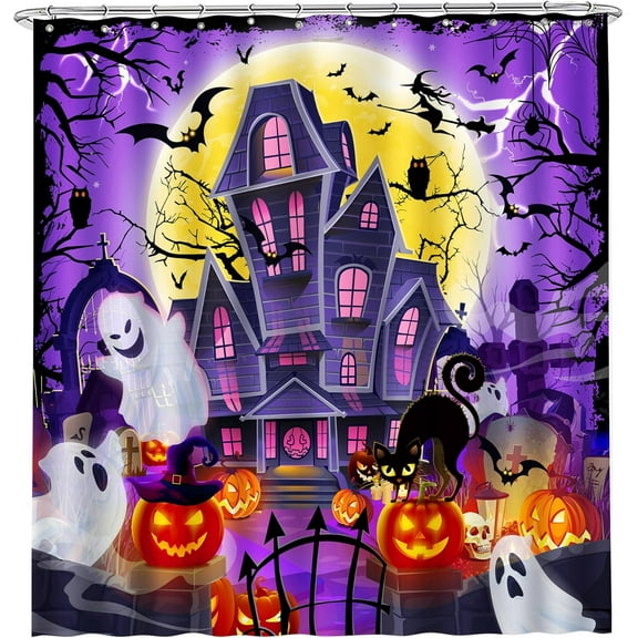 Halloween Shower Curtain, Halloween Castle Waterproof Bath Curtain-72 x 72", Spooky Pumpkins and Ghost Bathroom Decor, Horror Home Indoor Decorations, Gifts for Halloween Party Supplies