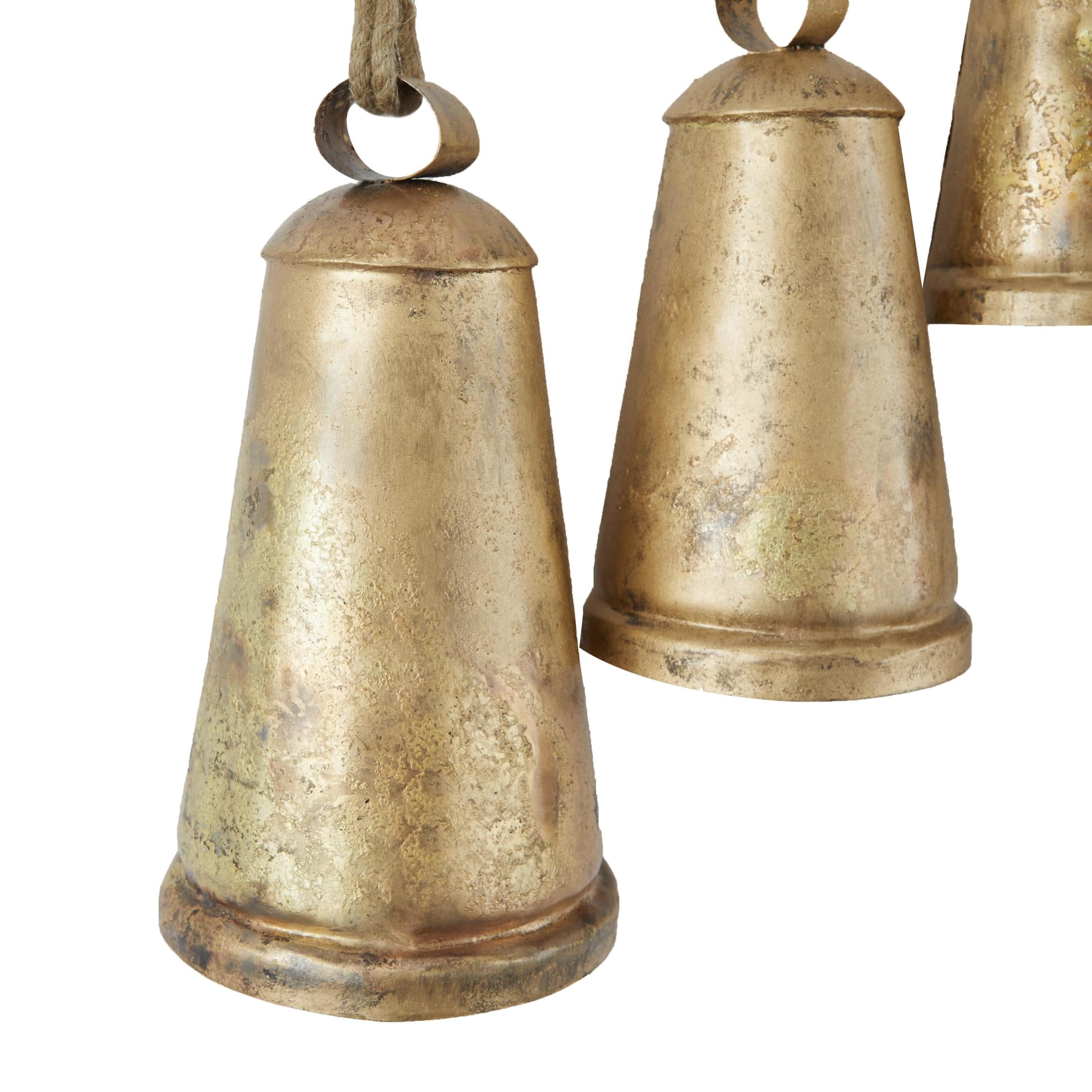 DecMode Tibetan Inspired Bronze Metal Conical Decorative Cow Bells with 12 Bells on Jute Hanging Rope and Metal Rod