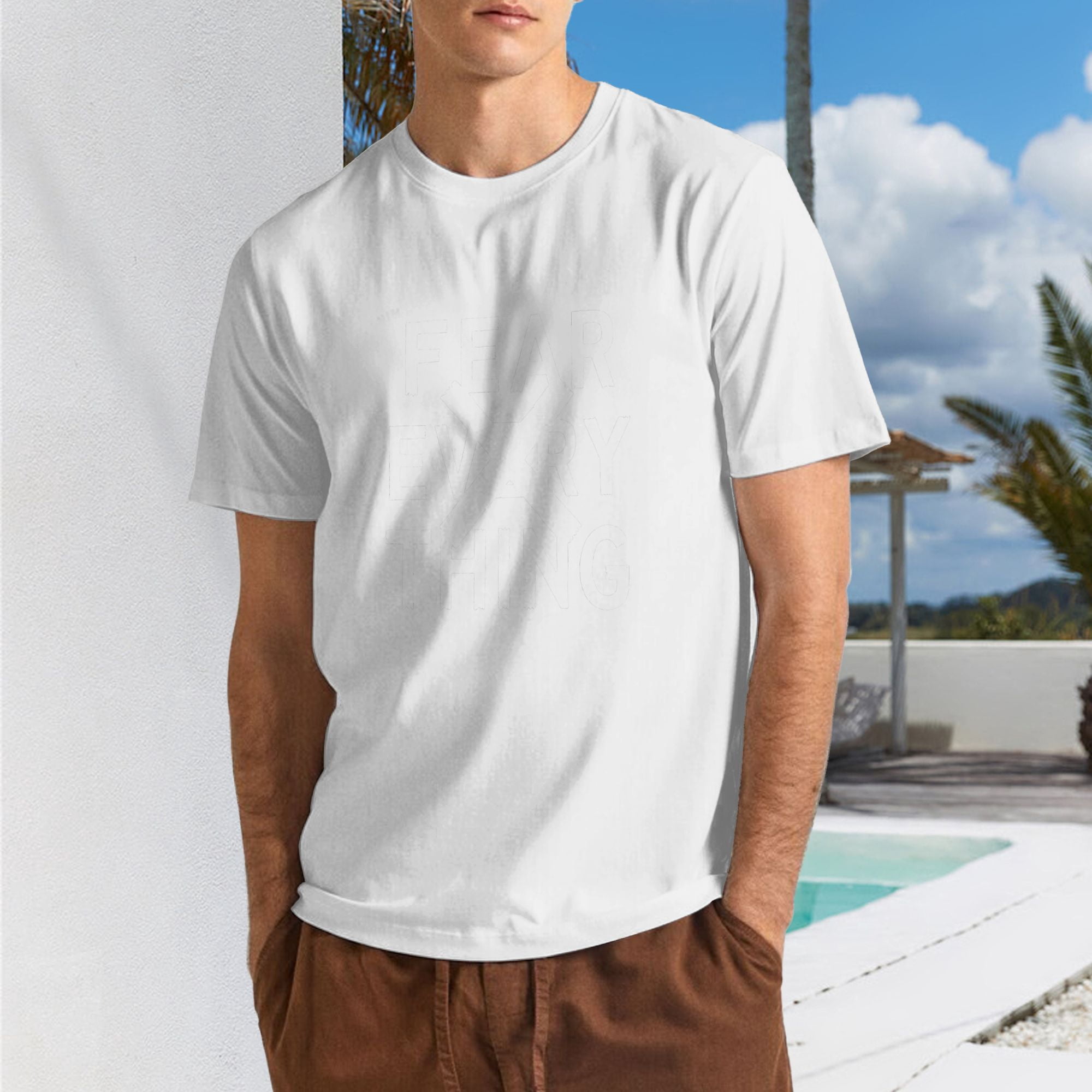 Men Minimal Cross Out Fear Everything Bold White Letter Crew Neck T-Shirt, Anti-Anxiety Positive Slogan Poly Cotton Casual Short Sleeve Tee