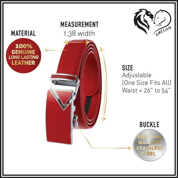 Celino Red Buckle & Red Adjustable Ratchet Slide Buckle 100% Genuine Leather Belt for Men, One Size Fits All, Made in Europe