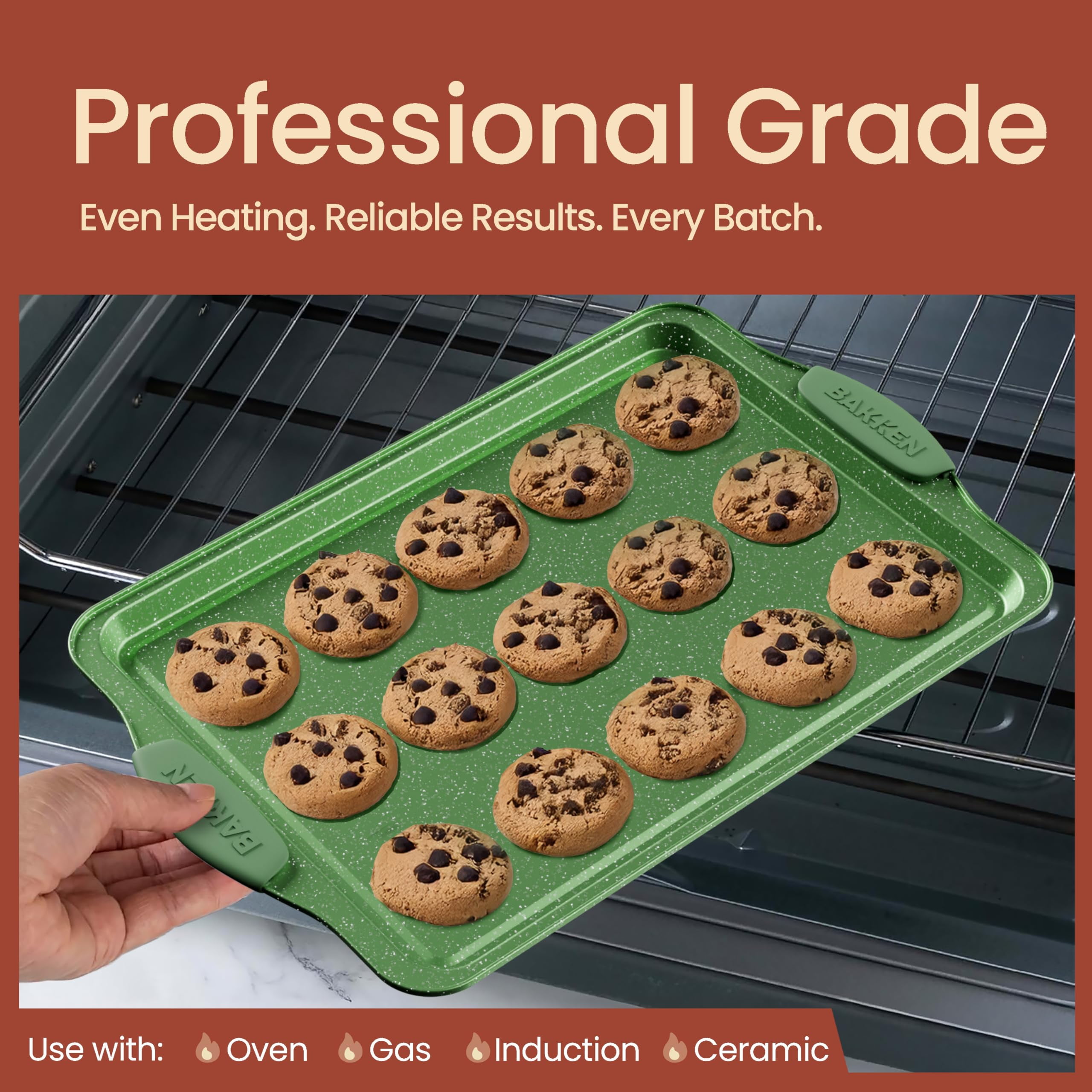 Bakken- Swiss 6-Piece Kitchen Baking Pan Set – Nonstick Green Marble Coating with Green Silicone Handles – Carbon Steel Oven-Safe Bakeware, Up to 450°F