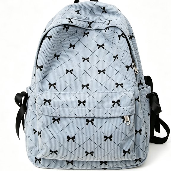 Corduroy Backpack with Bow Print, 15.7inch Laptop Quilted Backpack, Super lightweight, Elegant Coquette Style, Versatile Everyday Use