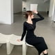 thumbnail image 5 of Hdspq-vestido de punto de manga larga con cuello en V para mujer, elegante vestido Midi ajustado de estilo coreano, ropa con cordones, Otoño e Invierno, 5 of 5
