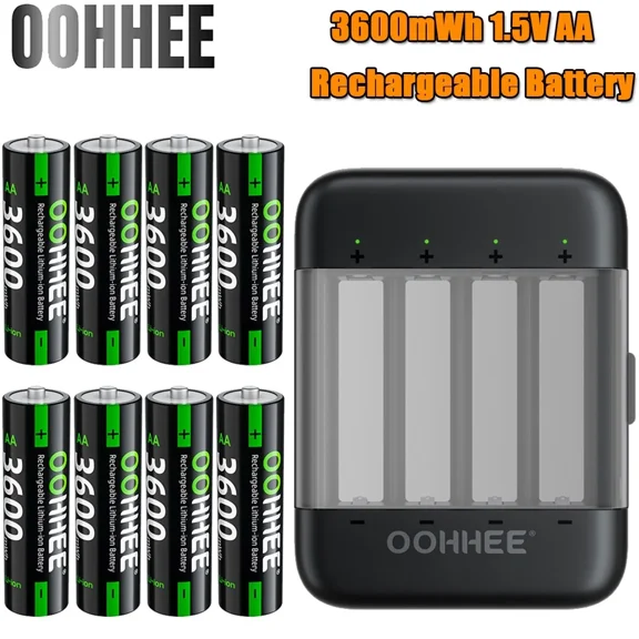 OOHHEE 8 PCS 1.5V 3600mWh AA Rechargeable Lithium Battery with Thin 4-slot Charging Box