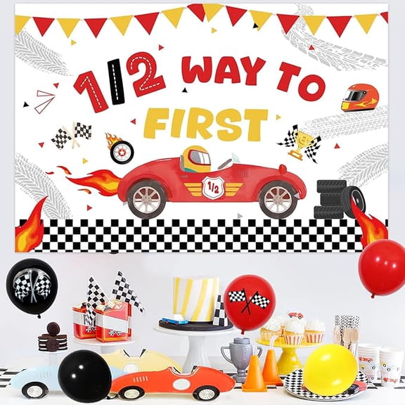 Racing Car Half Birthday Decoations Vintage Race Car Themed 1/2 Way To First Banner 1/2 Birthday Backdrop Cake Topper Checkered Flag Printed Balloons Set for Boys 6 Months Birthday Party Supplies