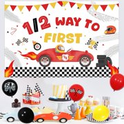 Racing Car Half Birthday Decoations Vintage Race Car Themed 1/2 Way To First Banner 1/2 Birthday Backdrop Cake Topper Checkered Flag Printed Balloons Set for Boys 6 Months Birthday Party Supplies