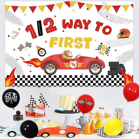 Racing Car Half Birthday Decoations Vintage Race Car Themed 1/2 Way To First Banner 1/2 Birthday Backdrop Cake Topper Checkered Flag Printed Balloons Set for Boys 6 Months Birthday Party Supplies