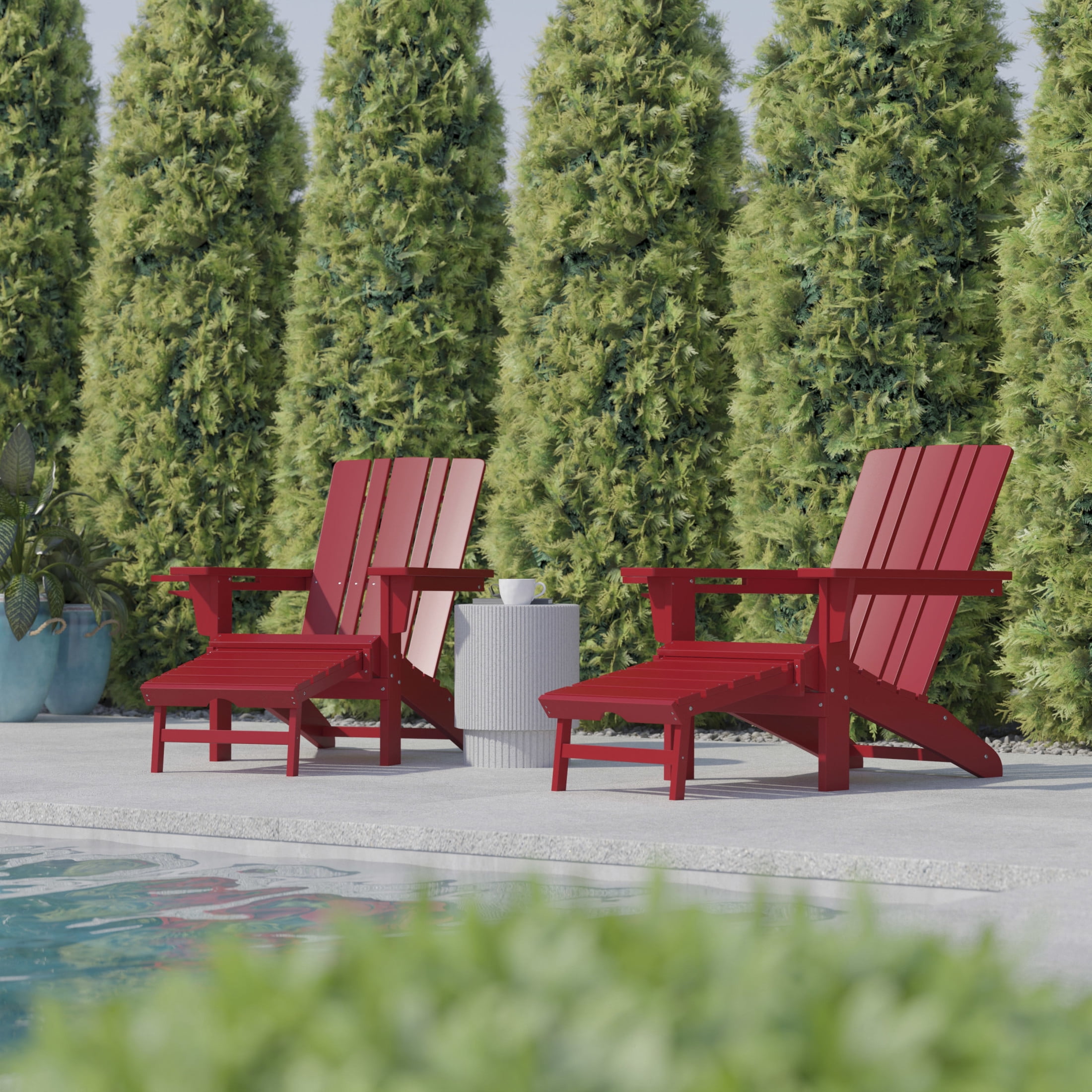 Flash Furniture Halifax HDPE Adirondack Chair with Cup Holder and Pull Out Ottoman, All-Weather HDPE Indoor/Outdoor Lounge Chair in Red, Set of 2