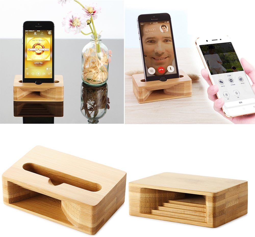 Cell Phone Stand Amplifier, Desktop Mobile Phone Holder, Universal Portable Wood Cellphone Dock on Desk Bamboo Bed Stand Mount Cradle for Phone Under 5.5 Inches