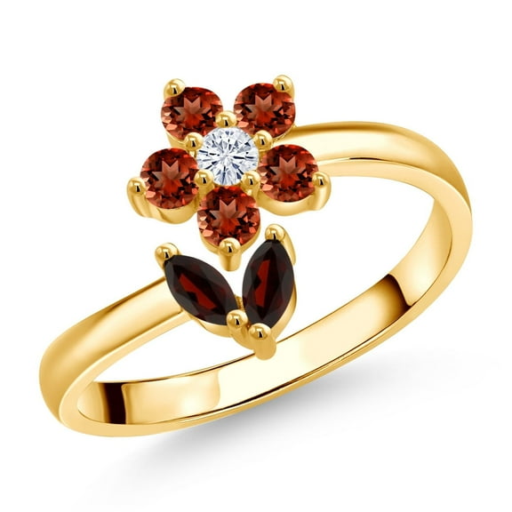 Gem Stone King 18K Yellow Gold Plated Silver Red Garnet & White Moissanite Flower Open Ring for Women (0.82 Cttw, Gemstone Birthstone, Size 5)
