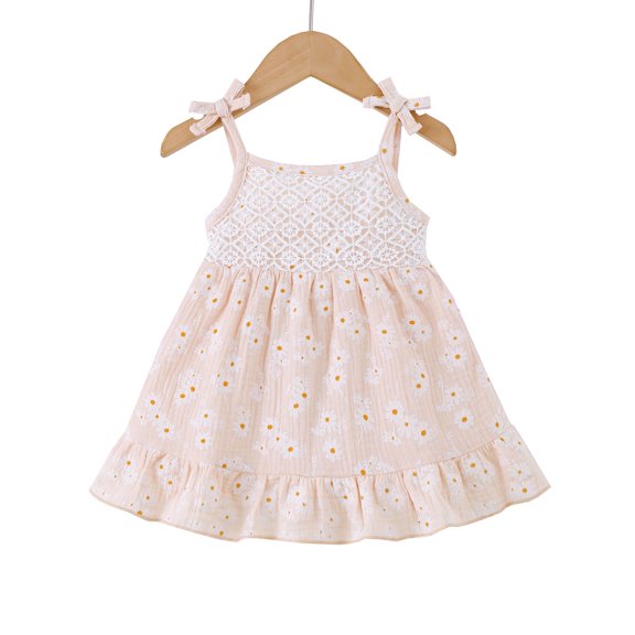 12 Months Baby Girls Dress 18 Months Girls Sleeveless Dress Flower Print Off-the-shoulder Toddler Girls Solid Color Summer Halter Dress Apricot
