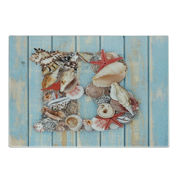 Letter B Cutting Board, Alphabet ABC Ocean Theme Elements Starfish Seashell Pale Color, Decorative Tempered Glass Cutting and Serving Board, Small Size, Dark Coral Pale Blue, by Ambesonne