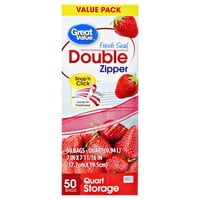(2 Pack) Great Value Double Zipper Bags, Value Pack, Quart, 50 Count