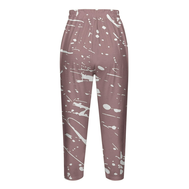 SMihono Women's Casual Elastic Waist Printed Cropped Pants 2023 Trendy  Summer Autumn Holiday Leggings Yoga Stretch Pants Cargo Capris Pink 12 