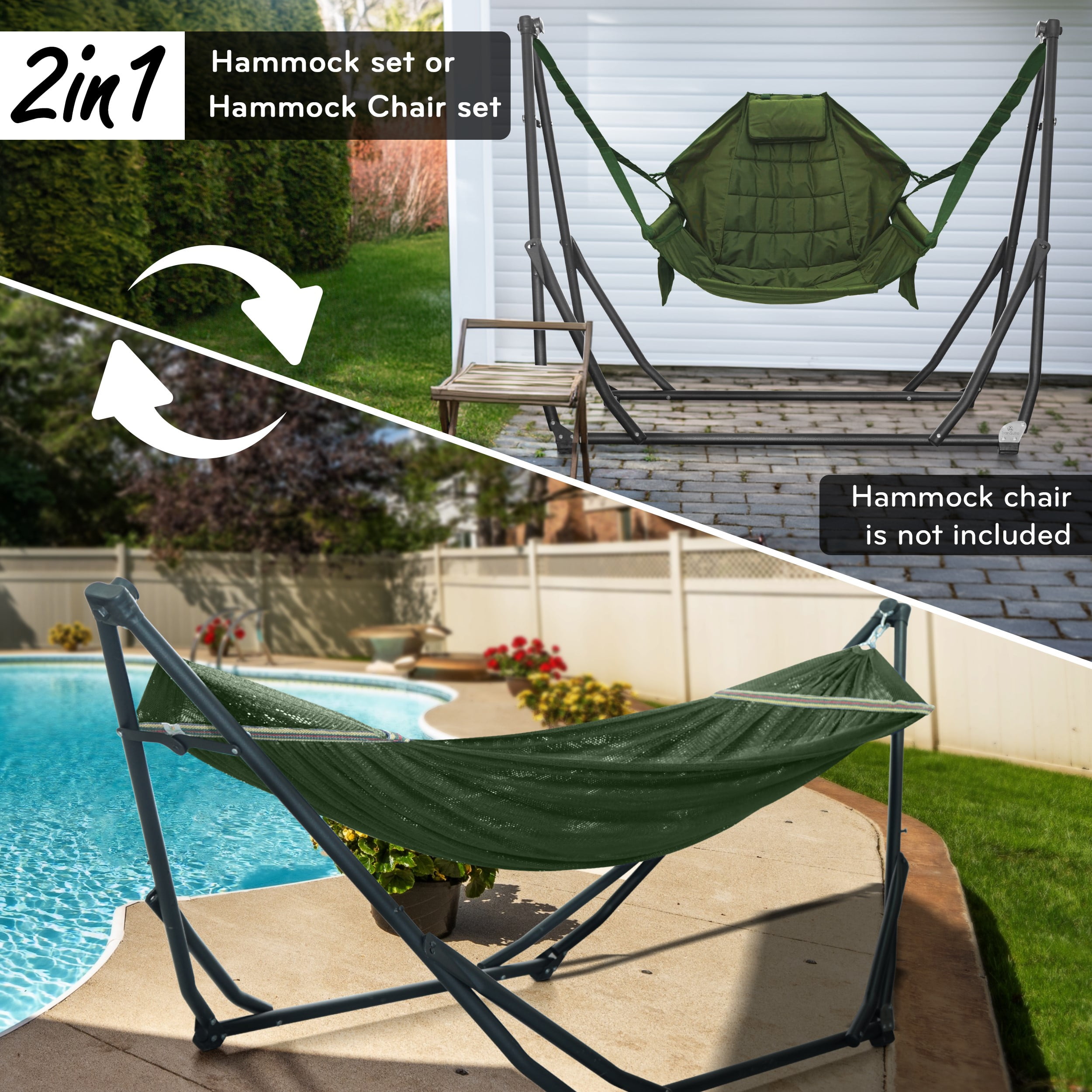 Tranquillo UniGen Hammock/Hammock with Stand for Outside, Double Hammock for 2 Persons Foldable Portable Hammock Stand 600 lbs Capacity/Portable Hammock with Stand Foldable, Moss Green
