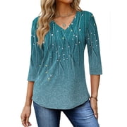 Fantaslook V Neck T Shirts for Women 3/4 Sleeve Tunic Tops Dressy Casual Blouses Boho Basics Tee Summer Fall Clothes