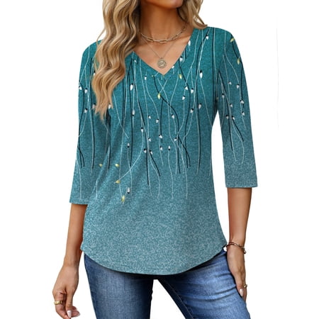 Fantaslook V Neck T Shirts for Women 3/4 Sleeve Tunic Tops Dressy Casual Blouses Boho Basics Tee Summer Fall Clothes