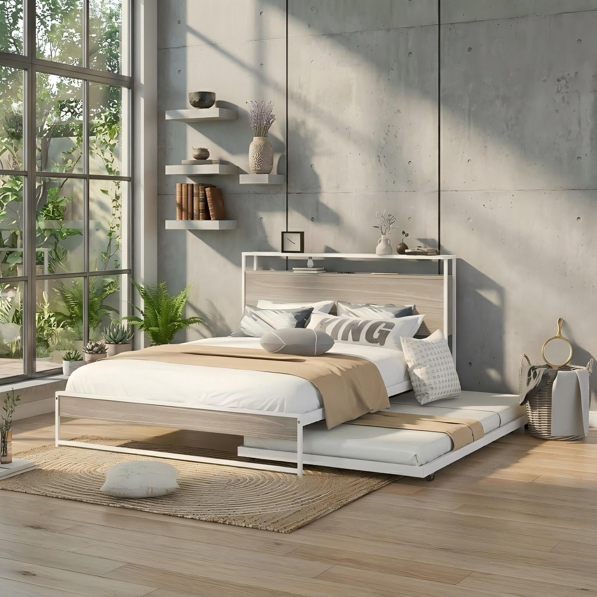 Aukfa Queen Size Metal Bed Frame with Trundle, USB Charging Ports and Storage Headboard, Modern Platform Bed with Wood Accents, White