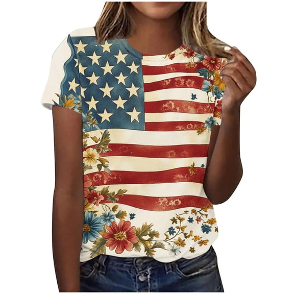 Crewneck July 4th Tshirts Womens Summer Trendy Short Sleeve Patriotic Graphic Tees Independence Day Holiday Tops Beige, L