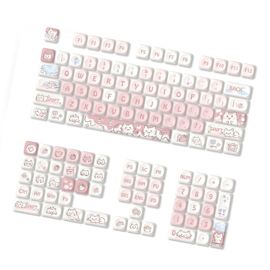 Cartoon Keycaps Set 132Keys MOA Height Heat Sublimated Strawberry Kitten Colorful for Mechanical Keyboards