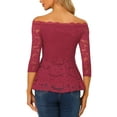 thumbnail image 3 of INSPIRE CHIC Women's Floral Lace Blouse Off Shoulder Sheer 3/4 Sleeve Peplum Top XL Burgundy, 3 of 7