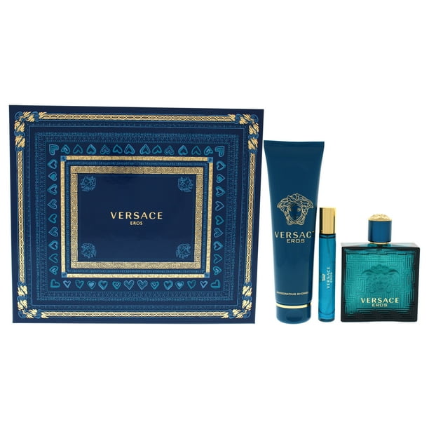 Versace Eros by Versace for Men - Set de regalo de 3 piezas 3.4oz EDT Spray, 0.3oz EDT Spray, 5.0oz Gel de ducha vigorizante Versace Versace Eros