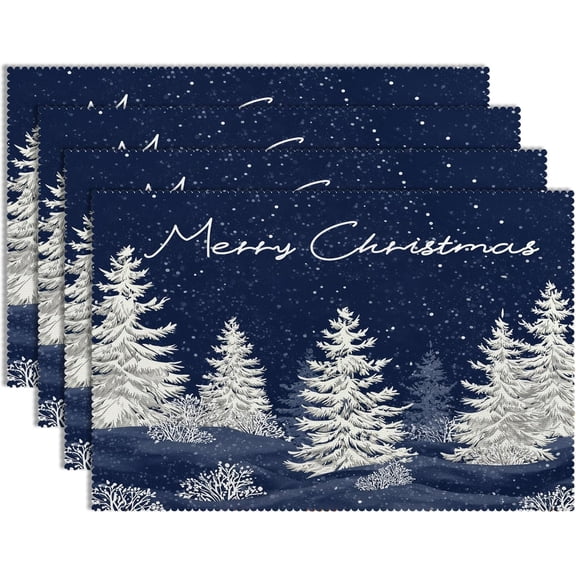 Christmas Placemats Set of 4, 12x18 Inch Heat Resistant Polyester Dining Table Mats with White Christmas Tree and Snow Night Sky Design, Holiday Winter Table Decor