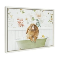 Kate and Laurel Sylvie Pudgy Bunny in Floral Bubble Bath Framed Canvas Wall Art by Amy Peterson Art Studio, 18x24 White, Cute Animal Bathtub Art for Wall
