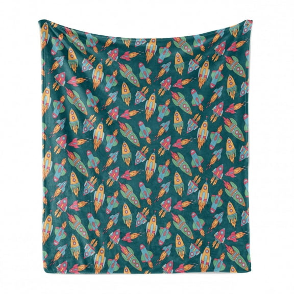 Spaceship Soft Flannel Fleece Throw Blanket, Childish Outer Space Rockets Sky Adventure to the Planets Cartoon, Cozy Plush for Indoor and Outdoor Use, 50" x 70", Pale Orange Dark Teal, by Ambesonne