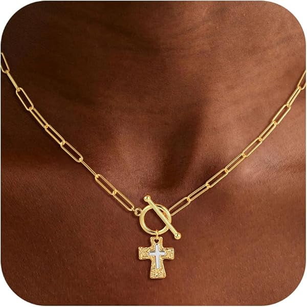 Chenchen Cross Necklace for Women Trendy -14K Gold Plated Chunky Gold Silver Cross Pendant Necklace Waterproof Non Tarnish Jewelry Christian Gift for Women