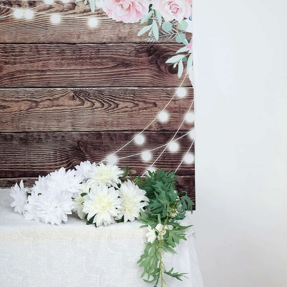Efavormart 5FTx7FT | Dark Brown Vintage Wood Vinyl Backdrop, Floral String Lights Wooden Board Photography Background Party Banner