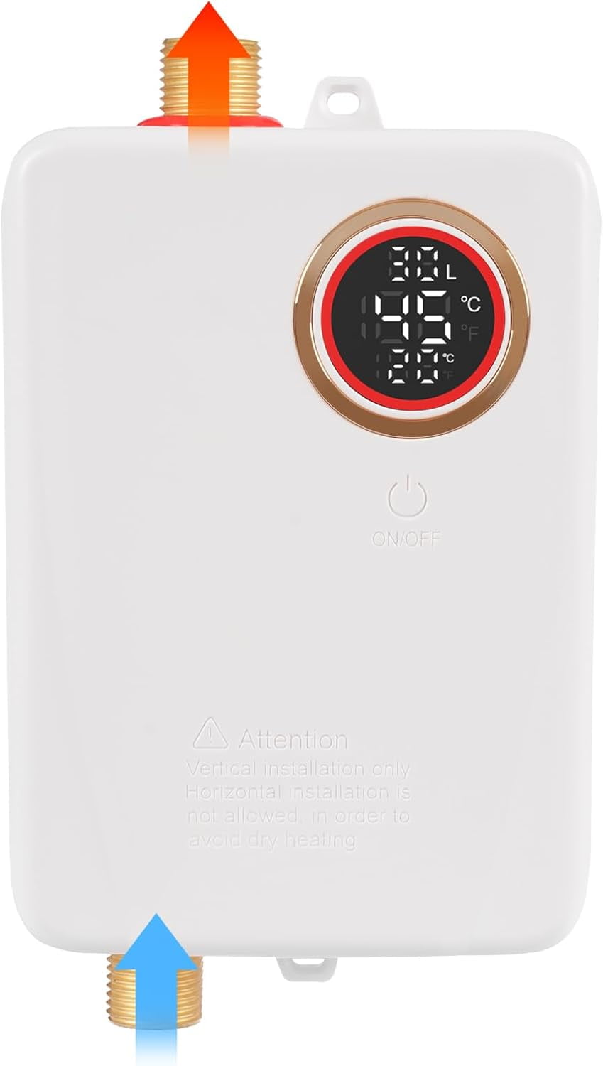 3000W 110V Tankless Water Heater Electric, Instant Water Heater Under Sink Electric Mini Tankless Water Heater with Digital Display, On Demand Hot Water Heater for Kitchen, Toilet (White)