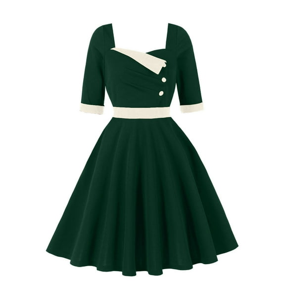 Women 3/4 Sleeve Vintage Cocktail Party Dress Buttons Down 50s Flared A-Line Casual Office Work Prom Swing Dress