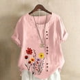thumbnail image 2 of Nfurl Womens Summer Linen Tops Elegant Floral Embroidered Tops Short Sleeve Crewneck Boho Shirts Casual Tee Shirts Pink,Size XXXXL, 2 of 5