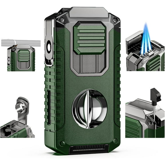 5-in-1 Torch Lighter with Cutter, Punch, Holder, and Draw Enhancer Tool, Triple Windproof Flame, All-in-one Lighter with Multi-Functional Accessory, Refillable Butane Lighter with Gift Box for Men