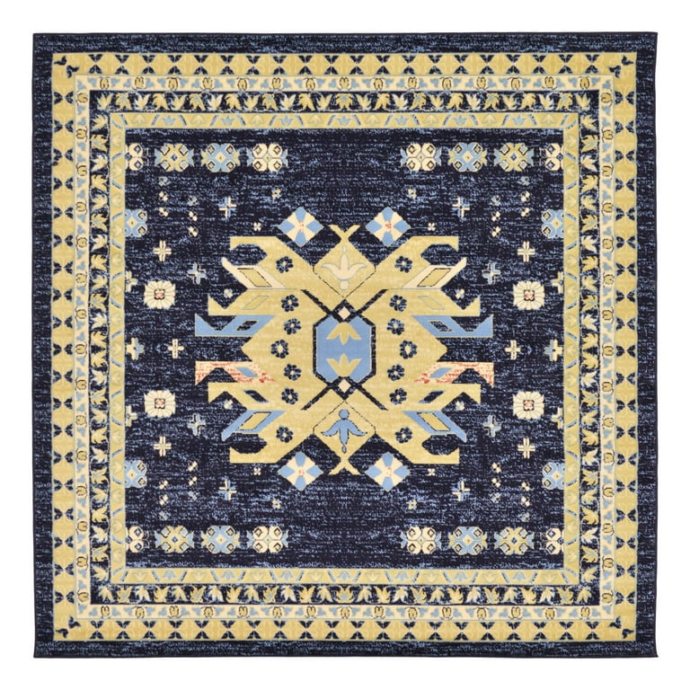 Unique Loom Newport Navy Blue & Ivory Octagon Area Rug - 7x7 Feet, Vintage Distressed Polypropylene