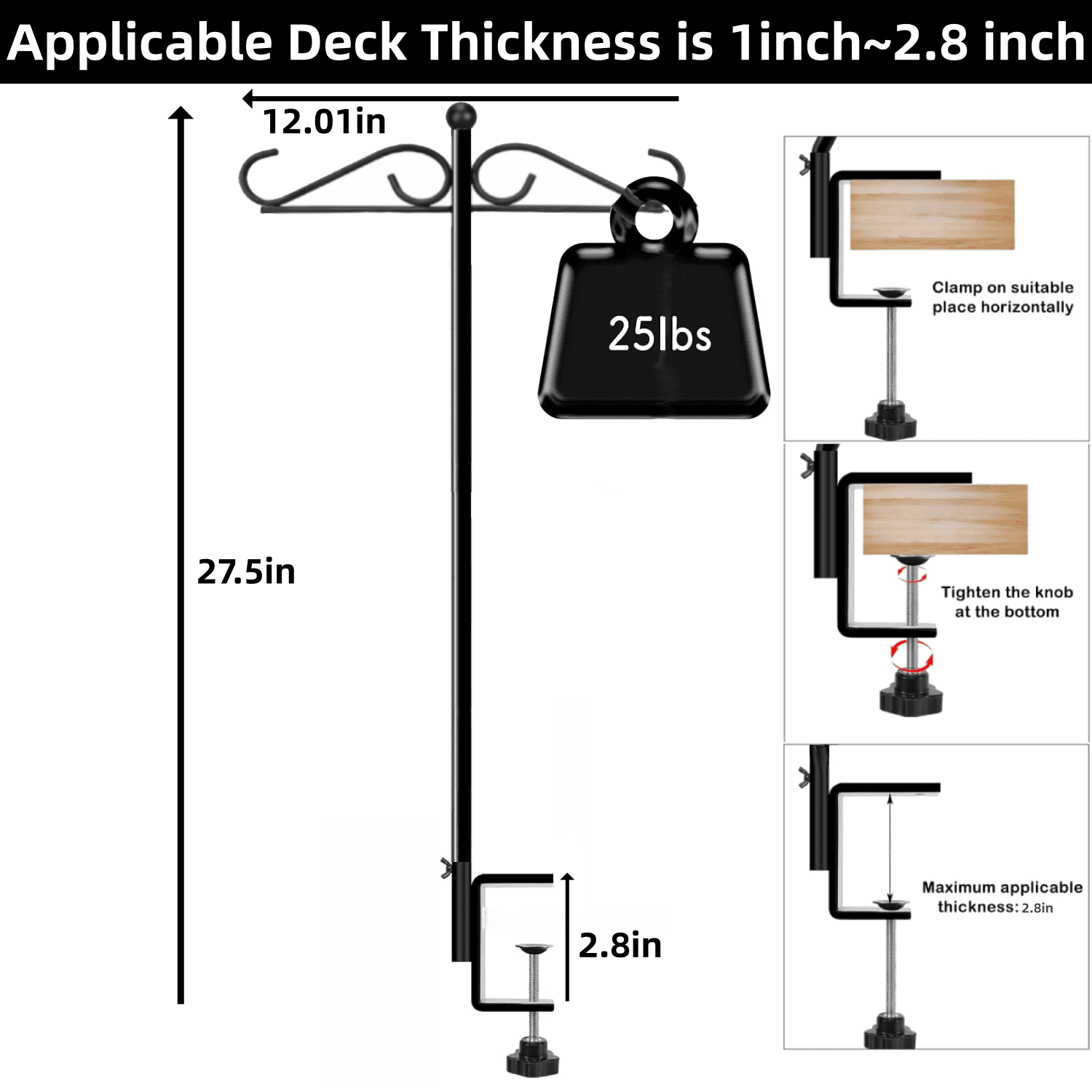 27.5" Shepherds Hooks for Outdoor, Heavy Duty Double Hook Bird Feeder Pole with Railing Mount, Rust-Resistant Garden Hanging Stand for Bird Feeders, Lanterns & Plants