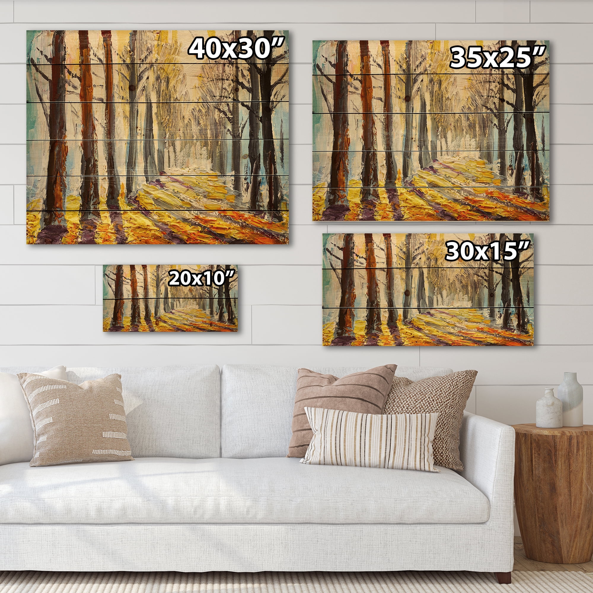 Designart 'Morning Glow Through The Autumn Trees' Lake House Print on Natural Pine Wood