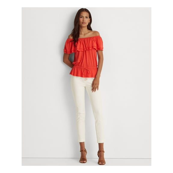 LAUREN RALPH LAUREN Womens Red Ruffled Elastic Drawstring Waist Short Sleeve Off Shoulder Peplum Top L