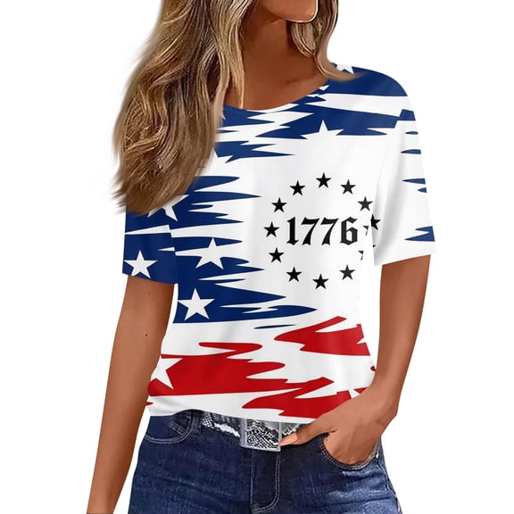 LWavelet Fourth of July Shirts for Women 3/4 Length Sleeve Tops Round Crew Casual Statue of Liberty Patriotic USA Flag Tee White M