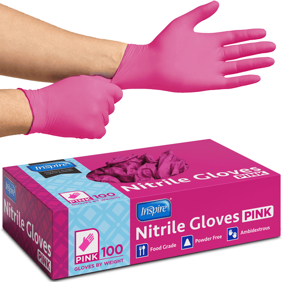 Inspire Pink Gloves Disposable Latex Free | Nitrile Pink Glove Hair and Nail Salon, Esthetician Nitrile Disposable Gloves (100 Count, XL)