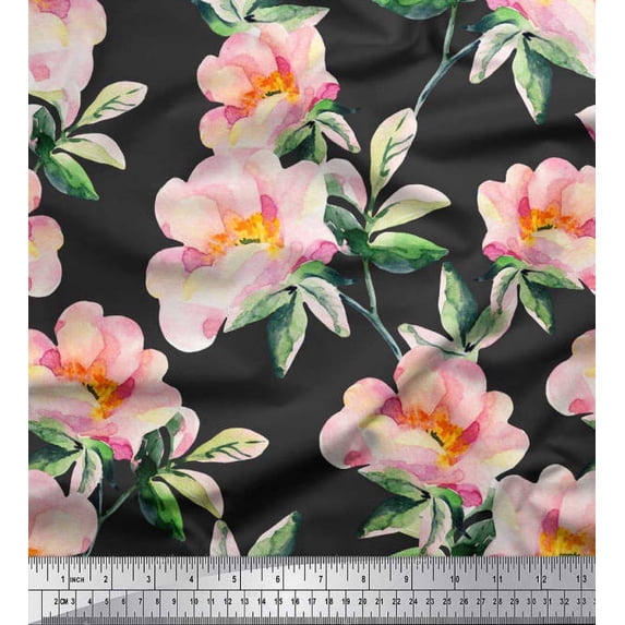 Soimoi Rayon Fabric Flower & Leaves Watercolor Printed Craft Fabric by The Yard 56 Inch Wide