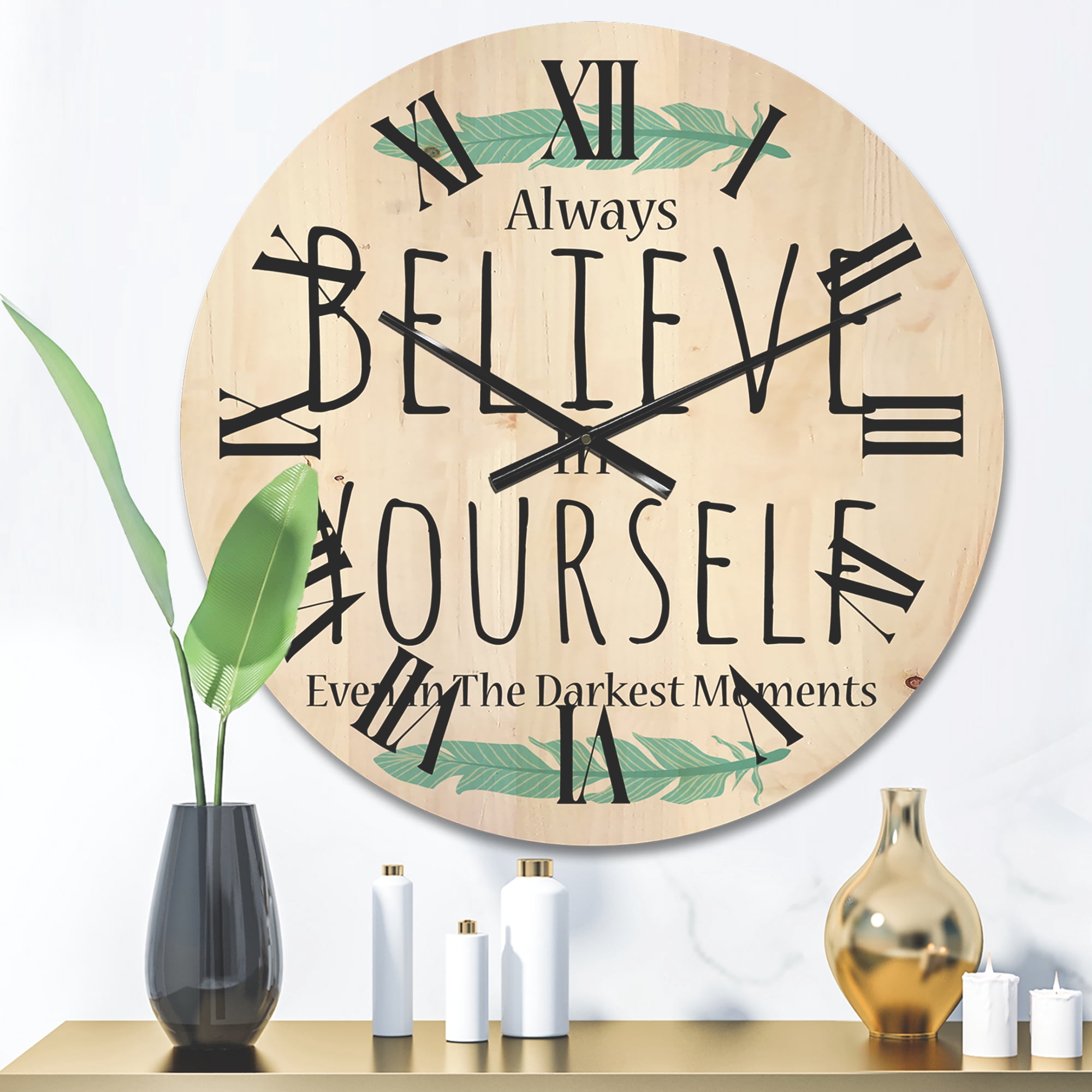 Designart 'Believe In Yourself Quote On White' Traditional Wood Wall Clock