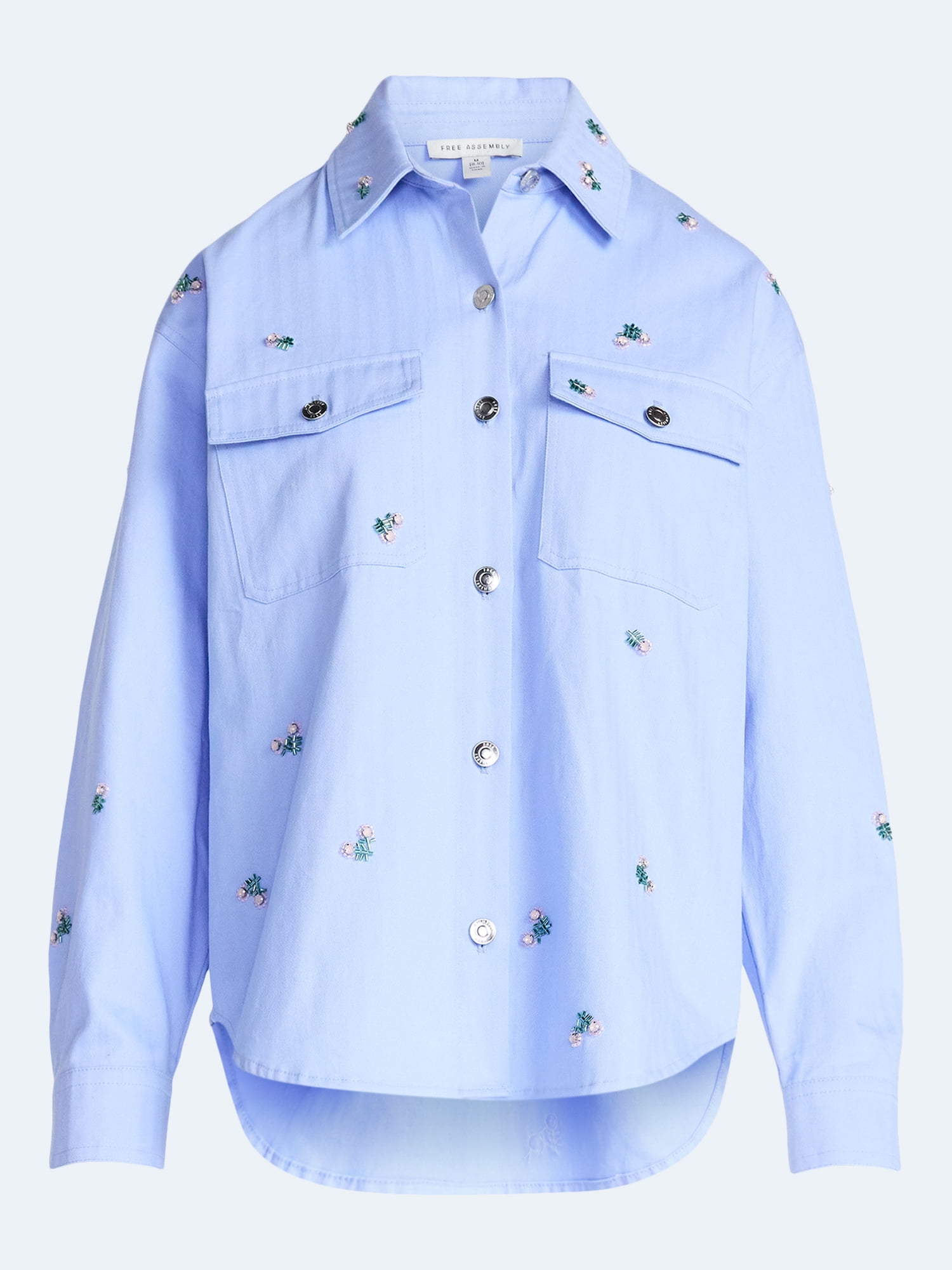 Free Assembly Women's and Women's Plus Embellished Cotton Utility Shirt with Long Sleeves, Sizes XS-4X