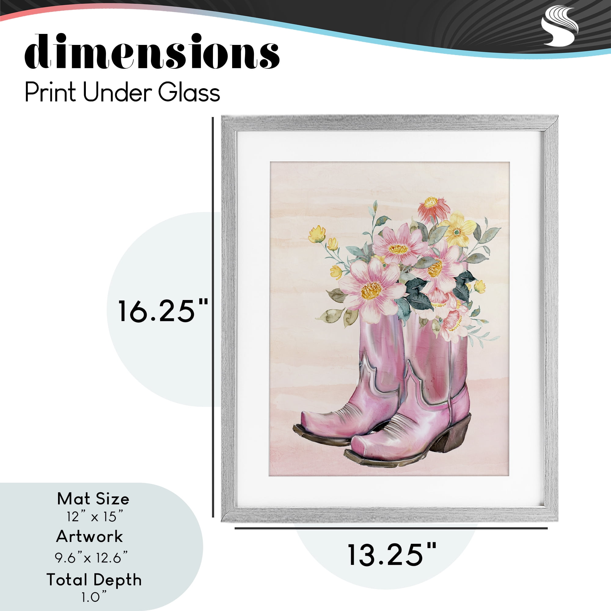 Wildflower Floral Boots Gray Framed Print Under Glass, design by Kim Allen