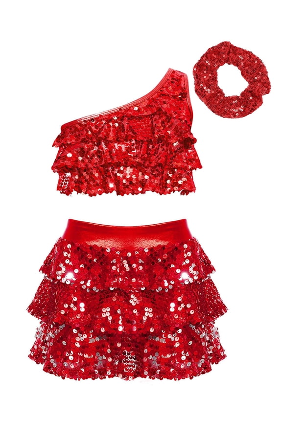 Kids Girls Metallic Jazz Latin Ballet Dance Crop Top with Skirt Hair Band Performance Costume Dancewear Red 14